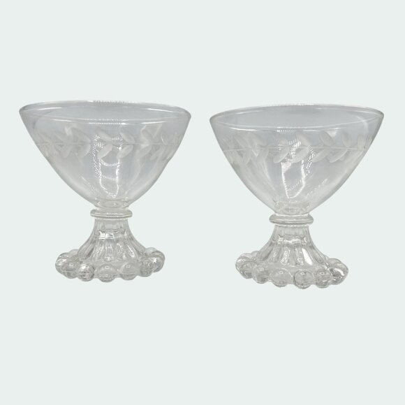 SET OF 2 VINTAGE ANCHOR HOCKING LAUREL ETCHED BOOPIE GLASS SHERBET DISHES - Picture 1 of 7